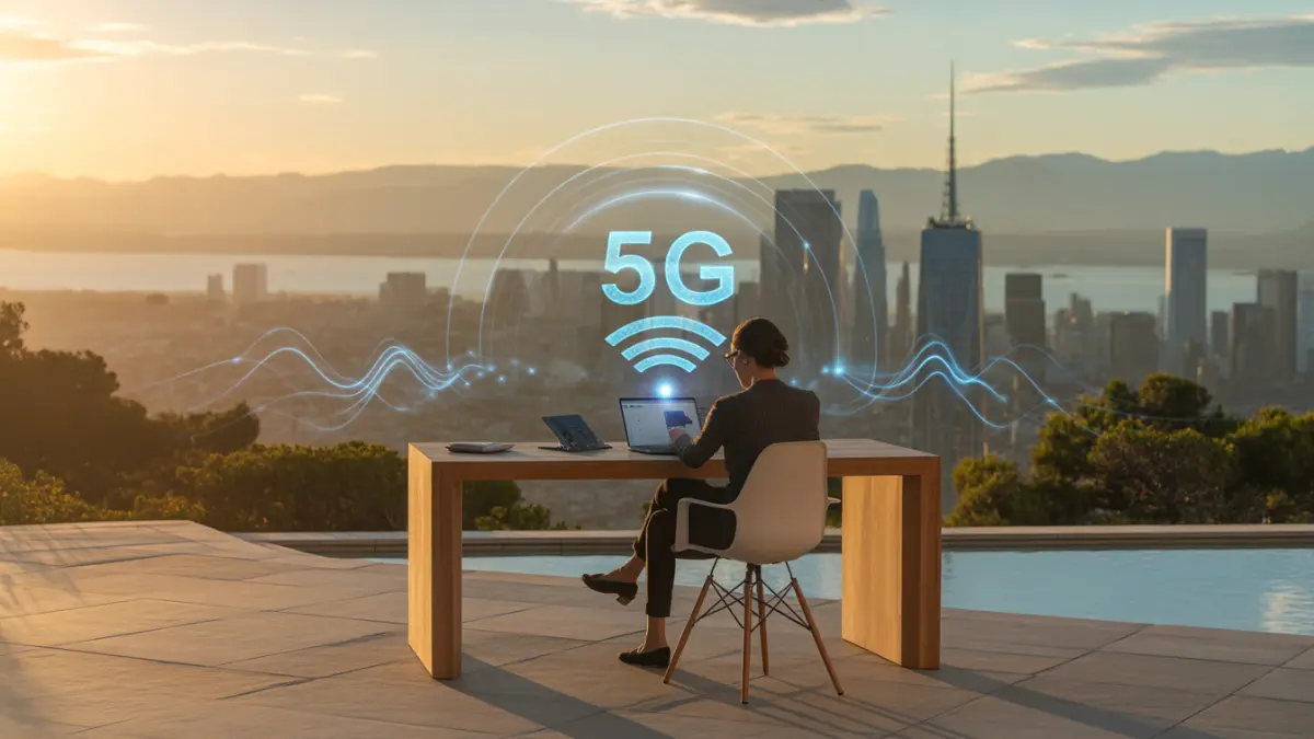 Professional woman working remotely on an outdoor terrace with a holographic 5G symbol representing high-speed wireless connectivity.