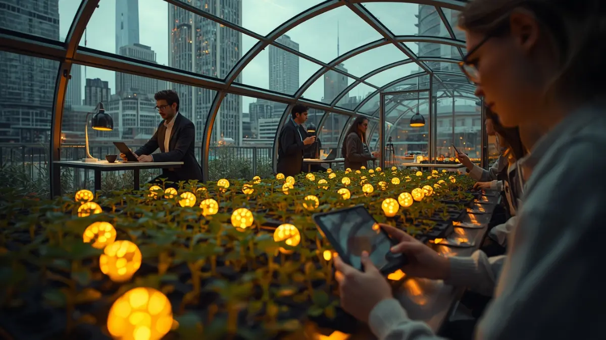 Conceptual illustration of a business incubator represented as a greenhouse growing glowing lightbulb plants with entrepreneurs working in the background
