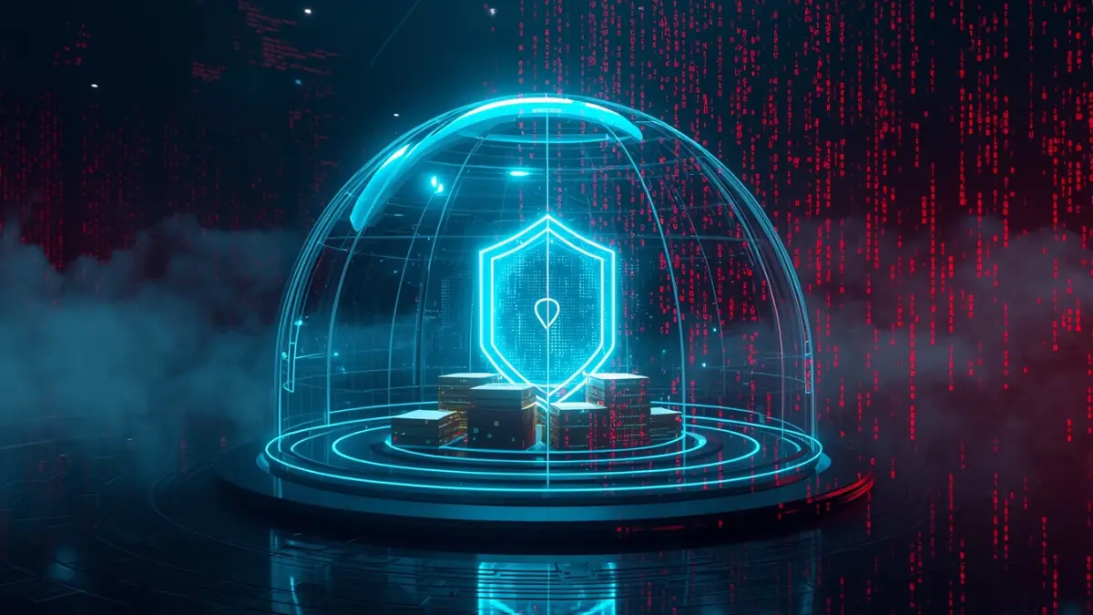 Futuristic blue digital shield protecting server data from red cyber attacks and matrix-style code rain.