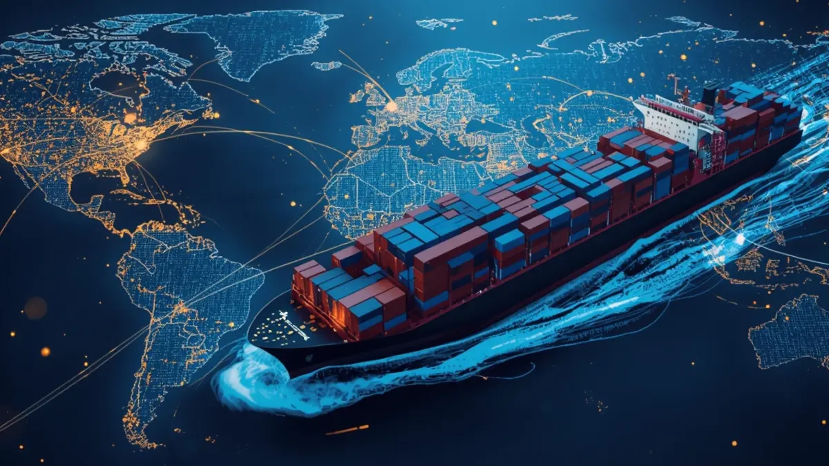 Cargo ship sailing across a digital global map with glowing trade route lines connecting North America and Asia.