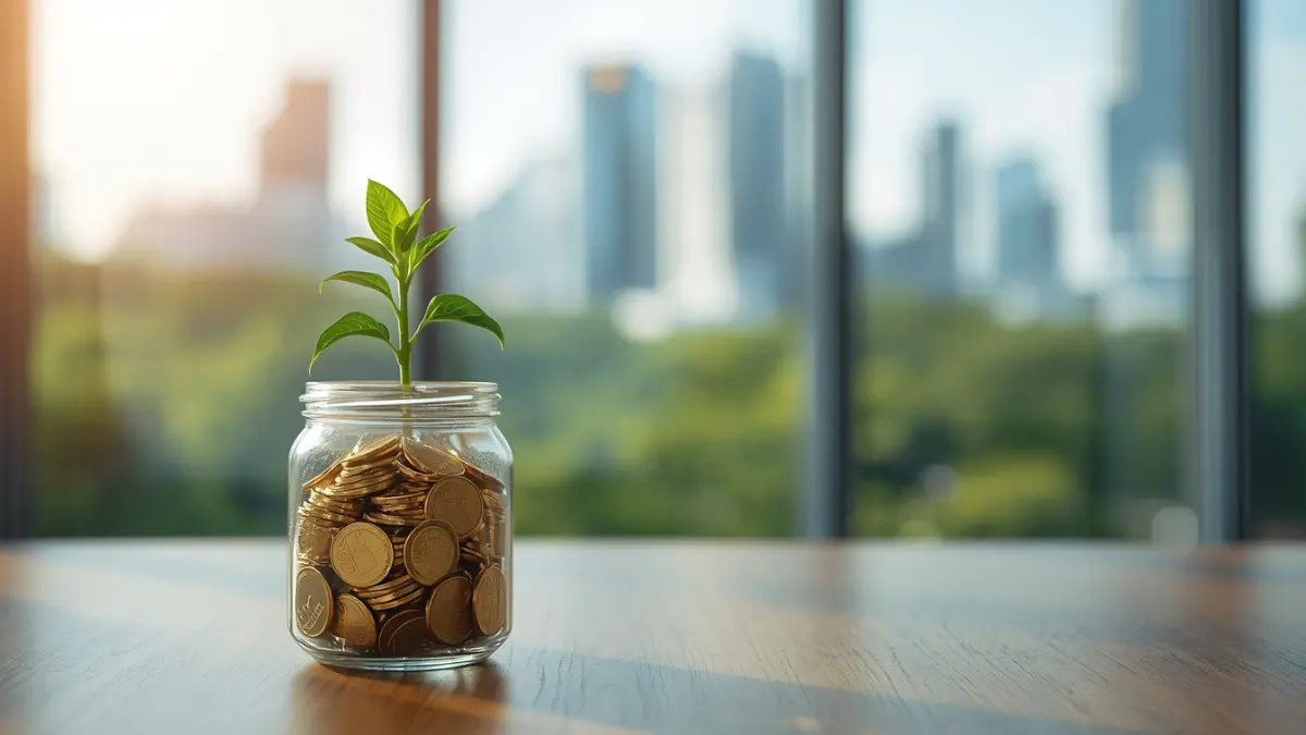A healthy green plant sapling growing out of a glass jar filled with gold coins on a wooden desk, symbolizing sustainable financial growth.
