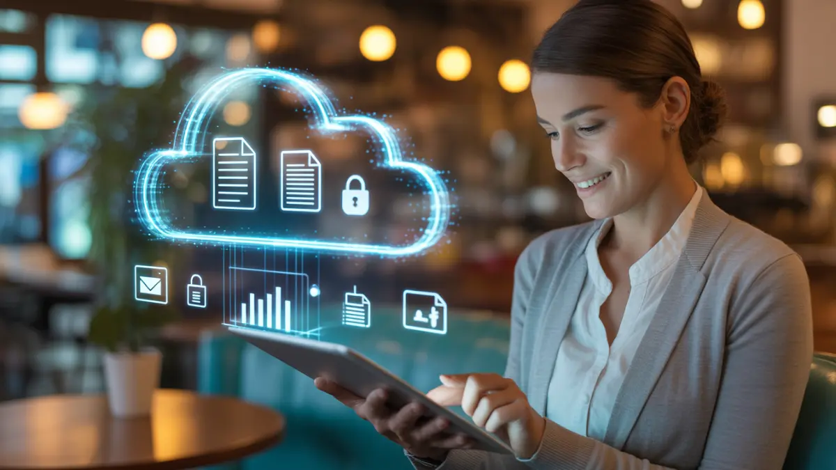 Small business owner using a tablet in a coffee shop with holographic cloud computing icons representing data security and accessibility.