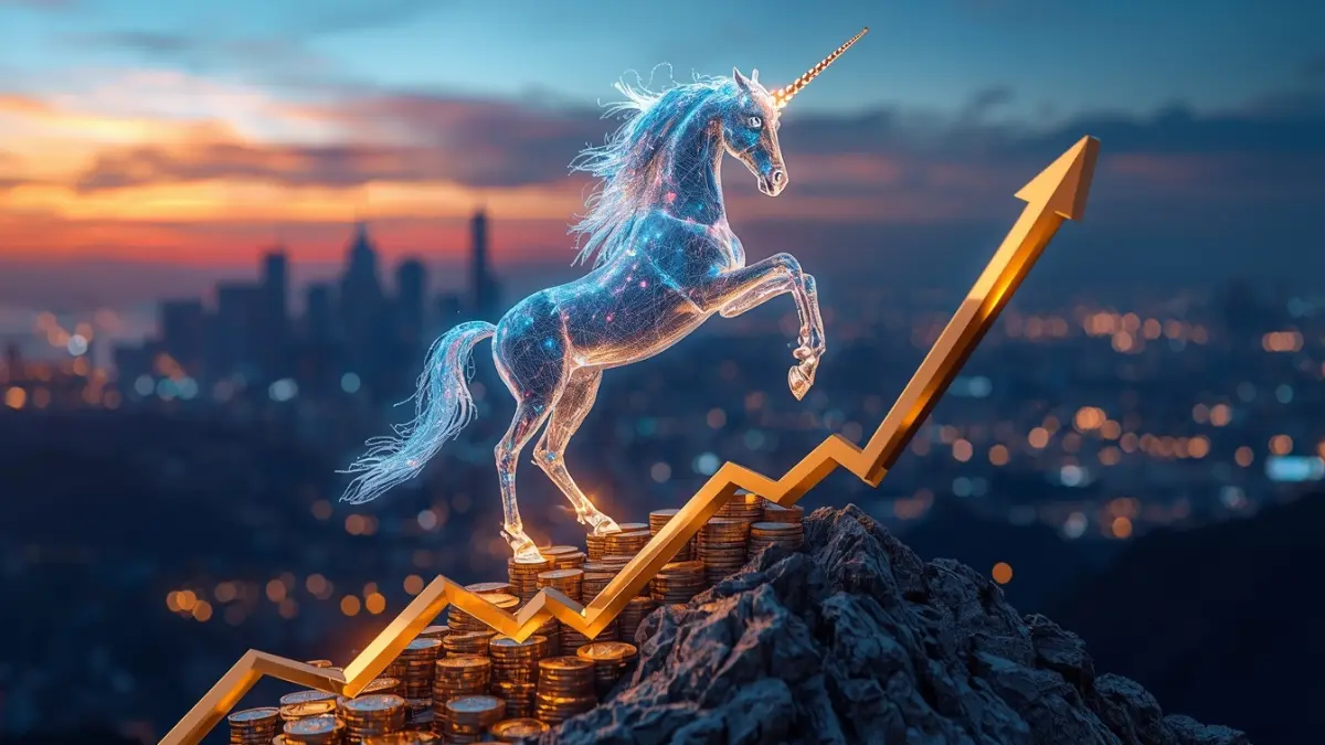 Digital illustration of a glowing unicorn standing on rising market charts representing a billion-dollar startup valuation