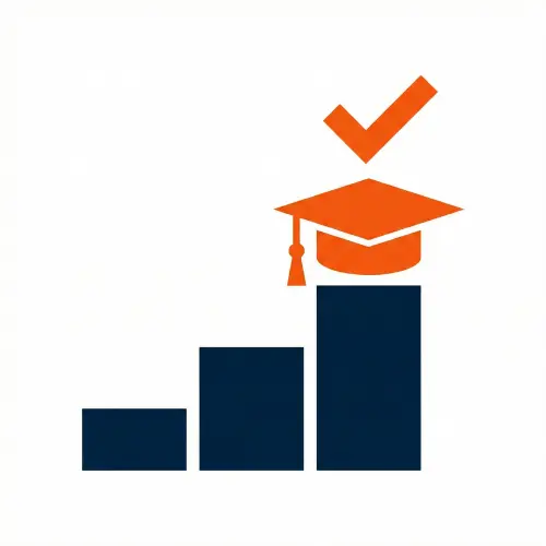 Minimalist icon showing blue progress steps leading to an orange graduation cap, representing the California High School Graduation Credit Tracker tool.
