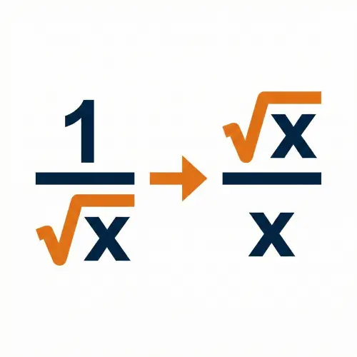 Market Monetix Rationalize the Denominator Master tool icon showing a square root fraction being simplified into a rational denominator in navy blue and orange colors.